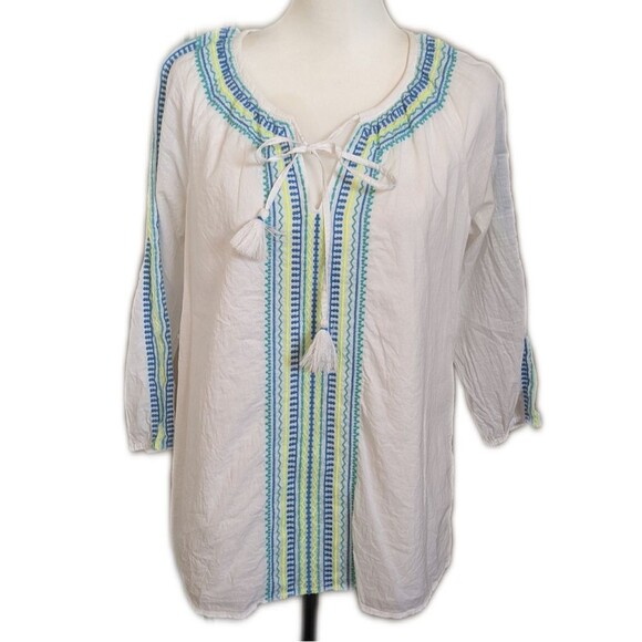 Vineyard Vines short sleeve tunic top, lined, embroidery, tie neckline, small - Picture 1 of 10